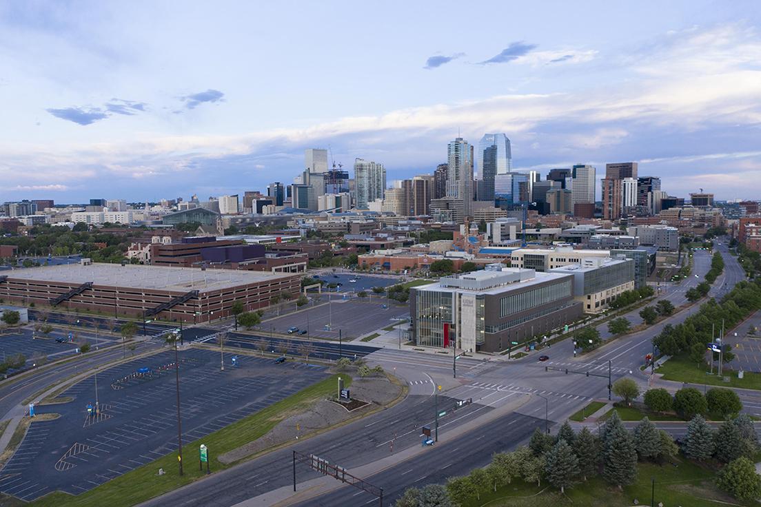 Aerial view of the Auraria Campus and the city of Denver in the background