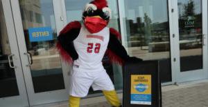 MSU Denver mascot Rowdy wearing a mask and posting next to a mask requirement sign.